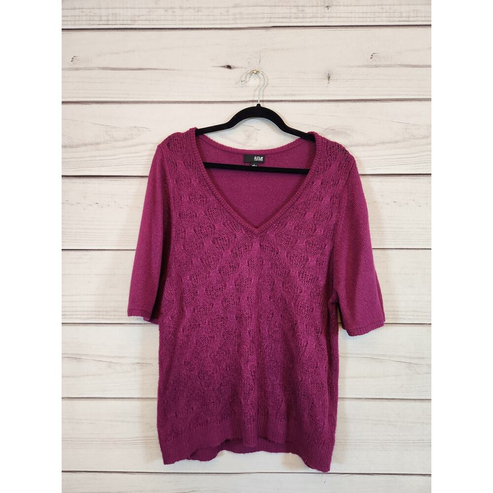 A.n.a Womens Purple Crochet Knit V-Neck Short Sleeve Pullover Sweater Size Large